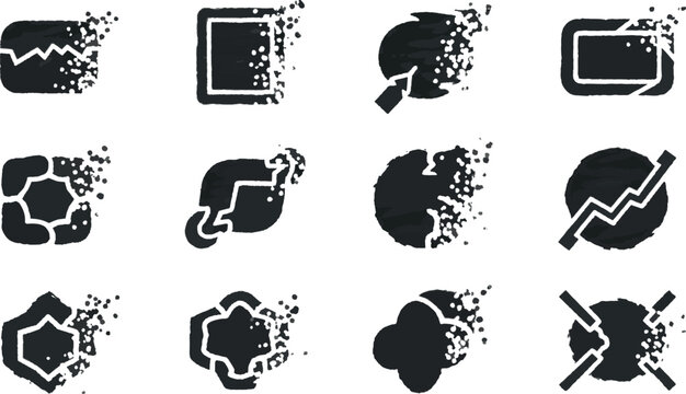 Abstract black geometric shapes with disintegration and dispersion pixel effect on white background.