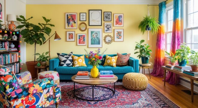 Vibrant Bohemian Living Room with Colorful Sofa and Potted Plants.