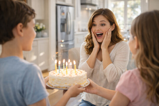 Woman surprised by children presenting a birthday cake with cand