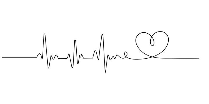 Continuous one line heart beat heartbeat health icon pulse rate medical art. Heart one line heartbeat love ekg care ecg drawing logo draw life cardio illustration single medicine healthy cardiogram.