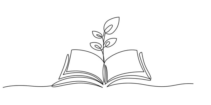 Video. Drawing of an open book with a plant sprout in one continuous line. Symbol of education, reading and writing in one line style . Animation on white background. 4K.