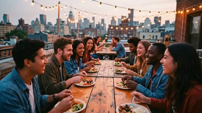Joyful diverse young adults dining on a city rooftop illustrating authentic connection and urban community at sunset.