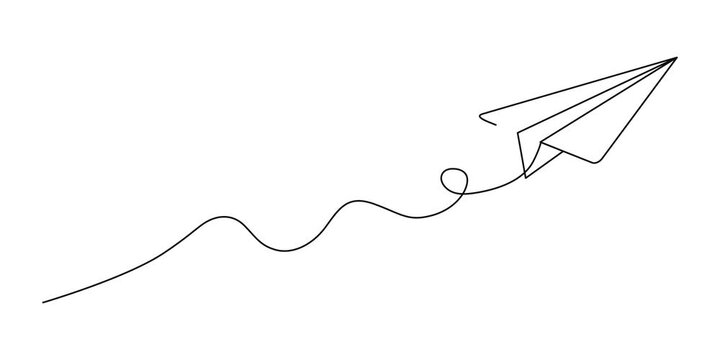 paper plane continuous one line drawing animation, Continuous one line drawing of a paper airplane gliding forward in a seamless animation loop, minimal monochrome style symbolizing freedom, motion