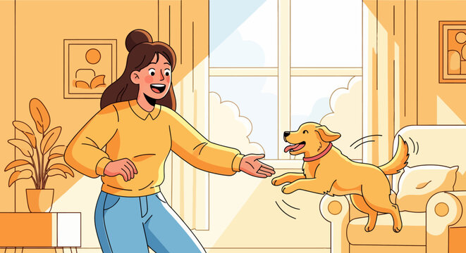 Joyful woman playing with her excited golden retriever dog.