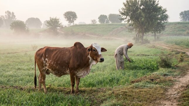 A robust brown zebu cow with white markings stands in a lush green field, as an asian farmer tends to crops under a soft, misty sky.