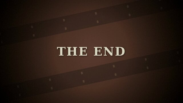 Cinematic end screen with filmstrip background and vintage brown gradient, featuring centered text "the end" in classic serif type.