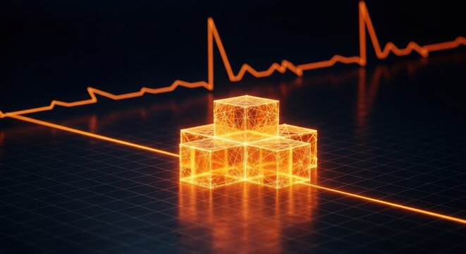 a glowing orange 3d cube structure with a heart rate line graph illustration