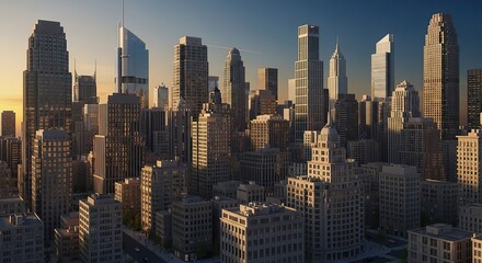 Obraz premium Vibrant City Skyline at Sunset with Towering Modern Skyscrapers.