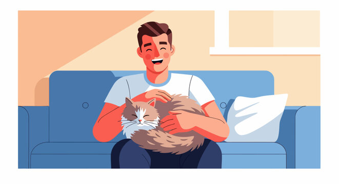 Man with red face petting a cat, possibly experiencing an allergic reaction.