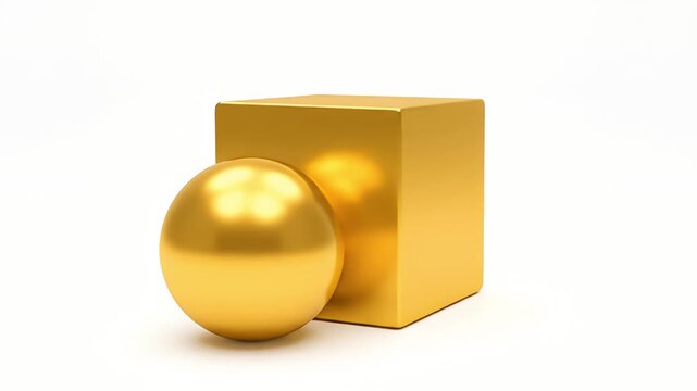 A collection of glossy golden 3D shapes a cube a cylinder and a sphere. The minimalist abstract objects are on a plain white background.