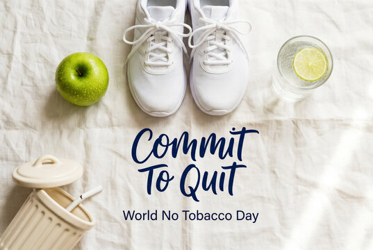 World No Tobacco Day poster with white sneakers and healthy food. Commit To Quit.