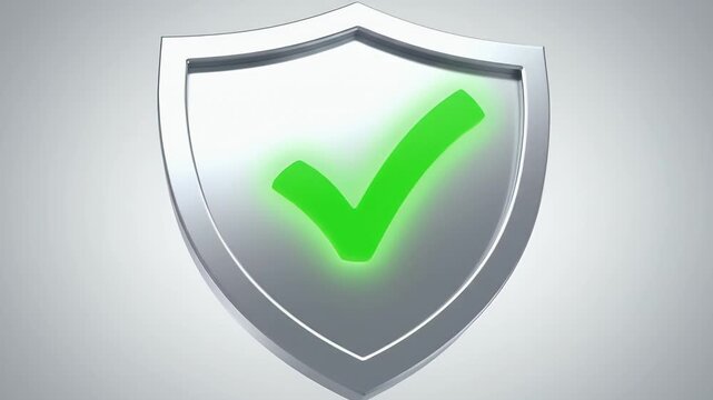 Green check mark on shield icon animation. Cyber security, data protection, and verified safety symbol for internet technology video design