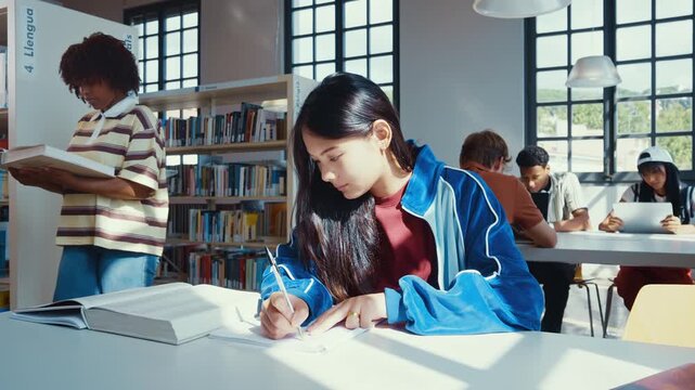 Female chinese student holding books studying in a library
