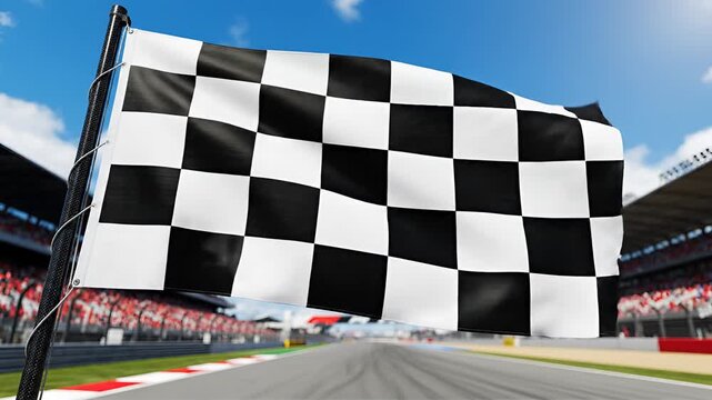 Checkered Flag Waving at Finish Line of Race Track with Spectators.