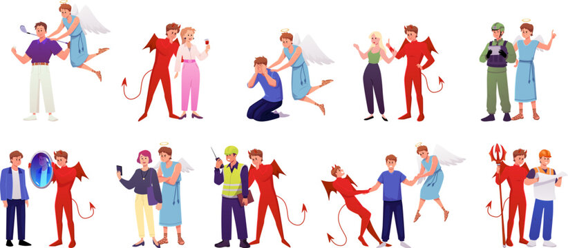 A set of characters in various life situations, with angels and demons, good and evil.