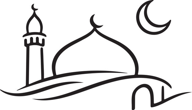 Islamic prayer mosque icon with crescent moon and monoline Eid festive design