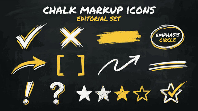 Chalk Markup Icons Editorial Set with Hand Drawn White and Yellow Symbols, Arrows, and Check Marks on Blackboard Texture