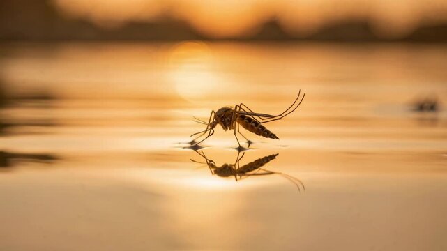 Culex mosquitoes floating in the water lake close up golden hours.