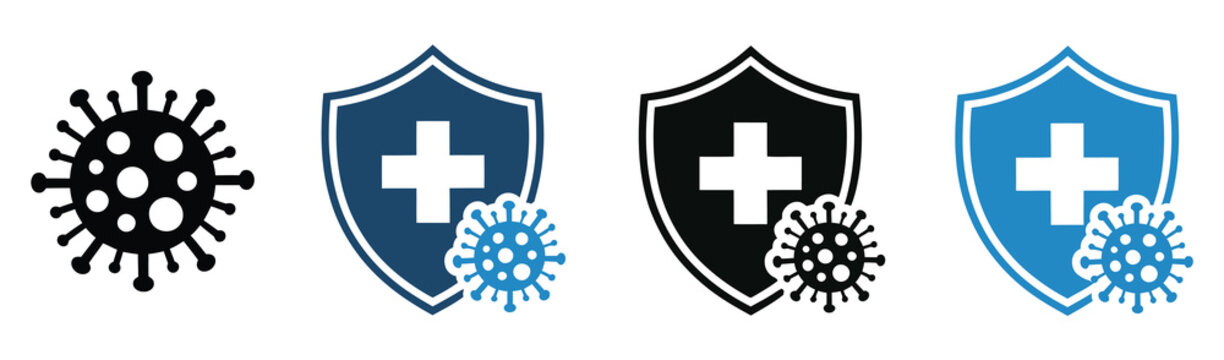 Immunity icon set, multi style sheet with shield, virus defense, and protection symbols, immune system and health safety concept, clean vector design elements for mobile apps, hospitals, and public he