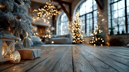 Fototapeta premium Defocused Christmas room interior with empty space for design or copy