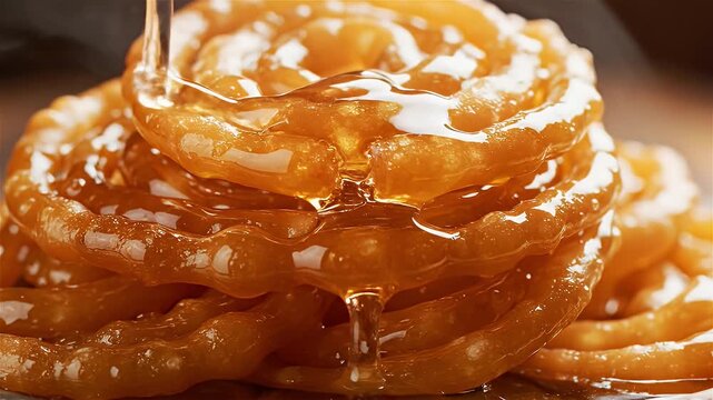 A close up view shows freshly prepared Jalebi, a sweet Indian dessert. Its spiral shape glistens with sweet sugar syrup.