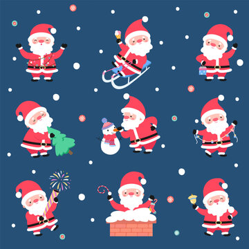 Cartoon santa claus characters. Fun christmas character different activities. Santa with snowman, xmas tree, bell and garland, winter holiday nowaday vector set