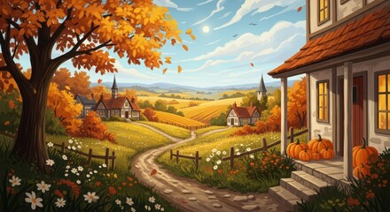 Obraz premium Autumn landscape with farmhouses, rolling hills, and colorful foliage.