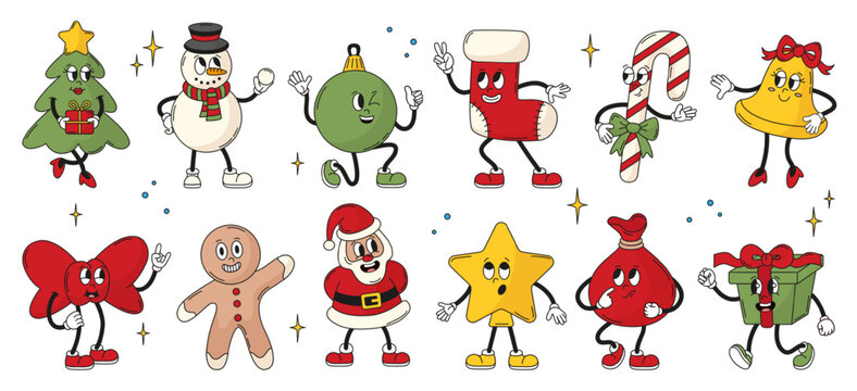 Christmas groovy characters. Winter holidays, new year elements. Isolated funny retro style snowman, santa claus, gift box, xmas tree, red bow, neoteric vector set