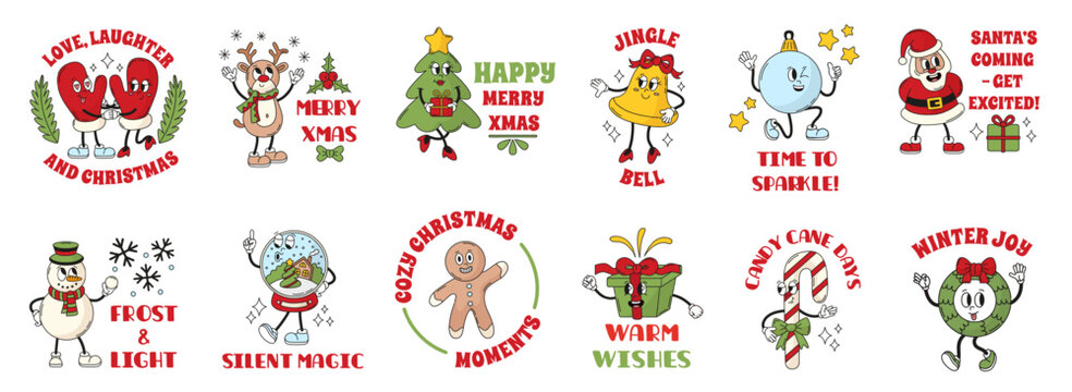 Christmas retro funny characters. Labels with winter holiday elements, new year stickers design. Cute gingerbread, santa, wreath with bow, neoteric vector set