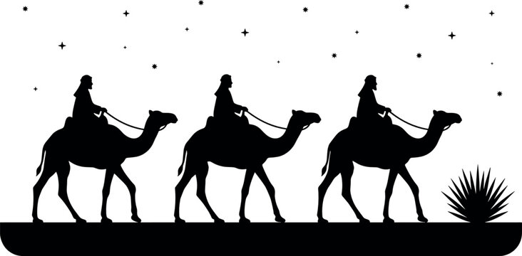 Black Silhouette Three Wise Men Riding Camels Under Starry Night Sky Desert Scene Vector Illustration Isolated on White Background