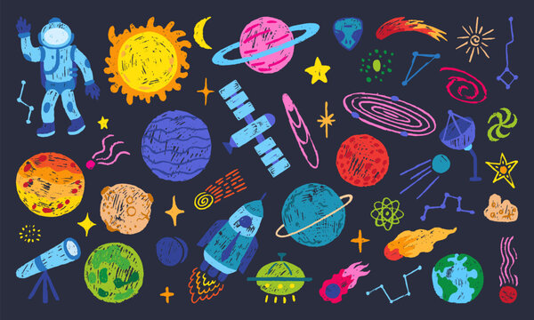 Colored pencil planets. Children style drawing space elements, universe adventures. Astronaut, sun, saturn, satellite. Grunge stars, comets neoteric vector set