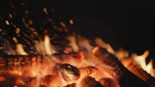 Ignited wood embers glow intensely with vibrant orange and red flames, scattering bright sparks amidst the darkness, creating a powerful depiction of primal heat and consuming energy