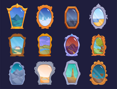 Fantasy mirrors. Magic game mirror assets in wooden, golden, silver frames. Fortune telling magical glass with cartoon tale worlds, sapid vector clipart