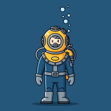 Cartoon Diver in Vintage Diving Suit Underwater.
