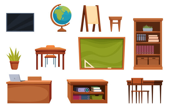 School classroom cartoon furniture. College, university, library interior elements. Desk and stool, chalkboard, globe, teacher table with laptop, sapid vector set