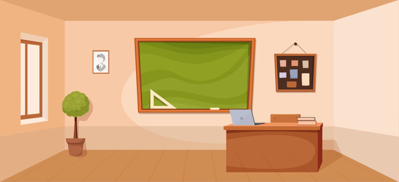 Teacher table in classroom. Empty school room with chalkboard and place for professor. Education, wooden desk with laptop. Study process sapid vector scene