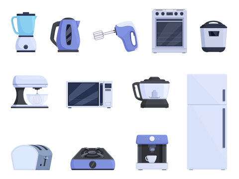 Cartoon kitchen appliances. Smart household devices, home technics. Oven and fridge, microwave, electrical teapot and coffee machine. Helpers for cooking, sapid vector set