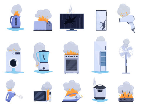 Broken electronics appliances. Damaged washing machine, oven and fridge. Home devices in fire flame, smoke and water. Repairs required sapid vector set