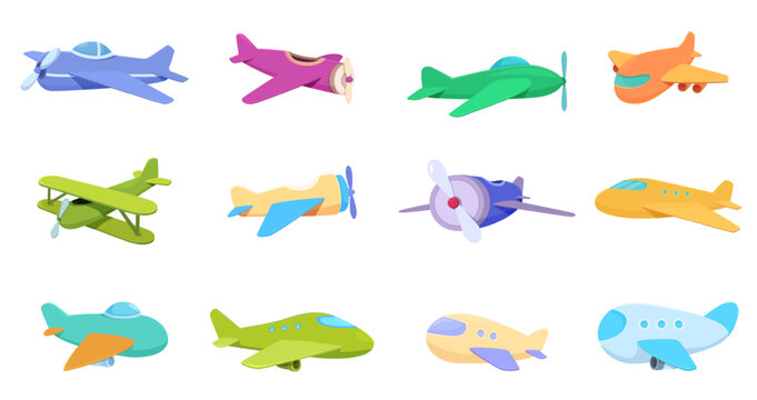 Cartoon toy airplanes. Plastic planes for children games. Flying transport, modern and retro style models. Isolated toys, sapid vector clipart