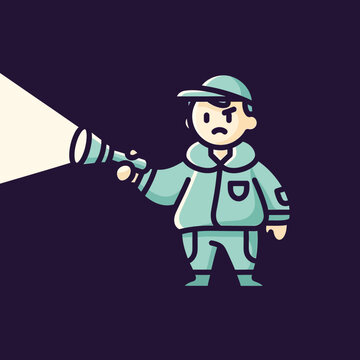 Cartoon security guard holding a flashlight searching.