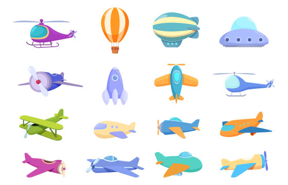 Cartoon children air transport. Plastic toys for kids, aircraft, planes, helicopters, hot air balloon, spaceship and ufo. Game elements, sapid vector set