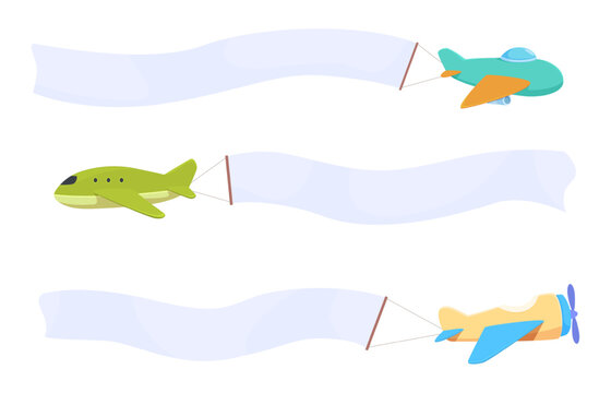 Toy airplane in sky. Cartoon plastic style colorful planes with fluttering blank advertising poster from behind. Elements for design, ad, announcement, sapid vector set