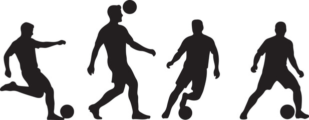 Set of black silhouettes of soccer players playing football with a ball in different active poses and dynamic movements silhouette vector © Mostakim72