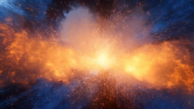 Static shot of massive fire and ice energy explosion colliding in center with glowing orange and blue blast on dark background