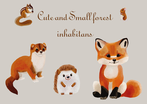 set of funny cartoon animals made in Procreate in Watercolour technique. JPEG file. 300 DPI