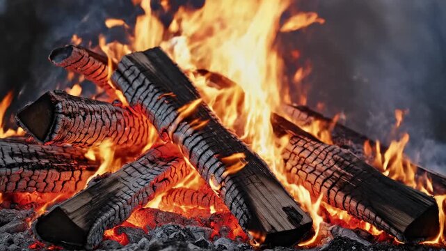 Fiery logs crackle and glow with radiant heat, igniting a warm, inviting atmosphere perfect for rustic camping adventures or cozy evening gatherings around the hearth