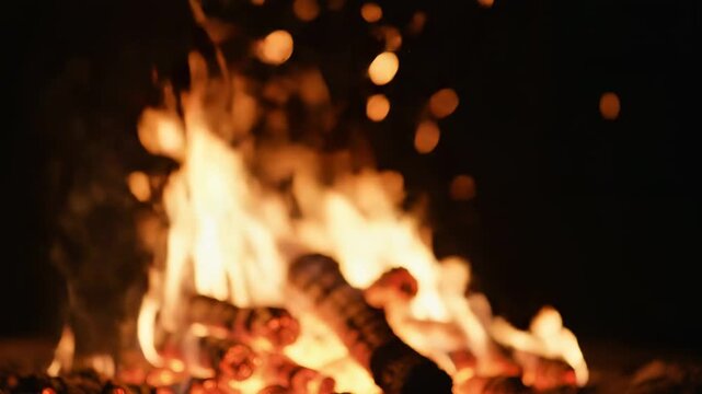 Vibrant flames dance on burning logs within a cozy fireplace, casting a warm, inviting glow and creating mesmerizing abstract light patterns that evoke feelings of comfort and natural energy