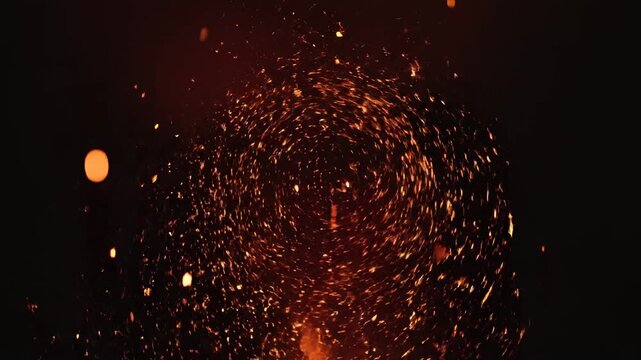 Capturing the dynamic and fiery explosion of glowing embers and incandescent sparks swirling into a chaotic vortex against an intensely dark, atmospheric void, creating a sense of energetic