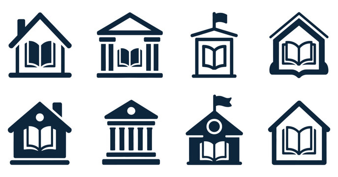 Library school university building icon set, featuring educational architecture symbols, academic campus facilities, study centers, learning institutions, and modern knowledge resource illustrations.