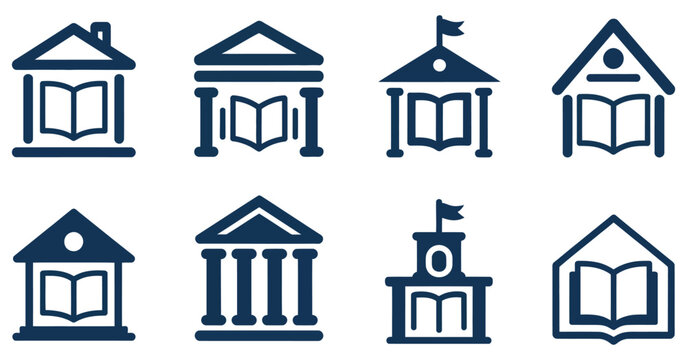 Library school university building icon set, including education themed building icons, scholarly campus illustrations, public learning facilities, and modern academic establishment symbols.

